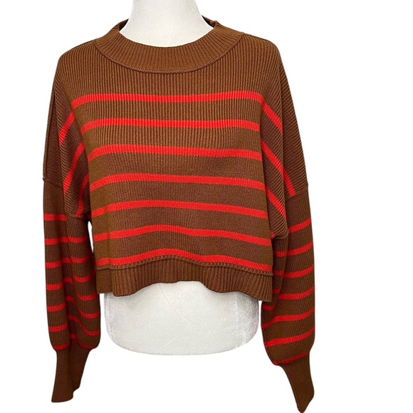 NWOT‎ FREE PEOPLE Striped Easy Street Cropped Sweater BrownOrange Women's Small - Picture 3 of 10